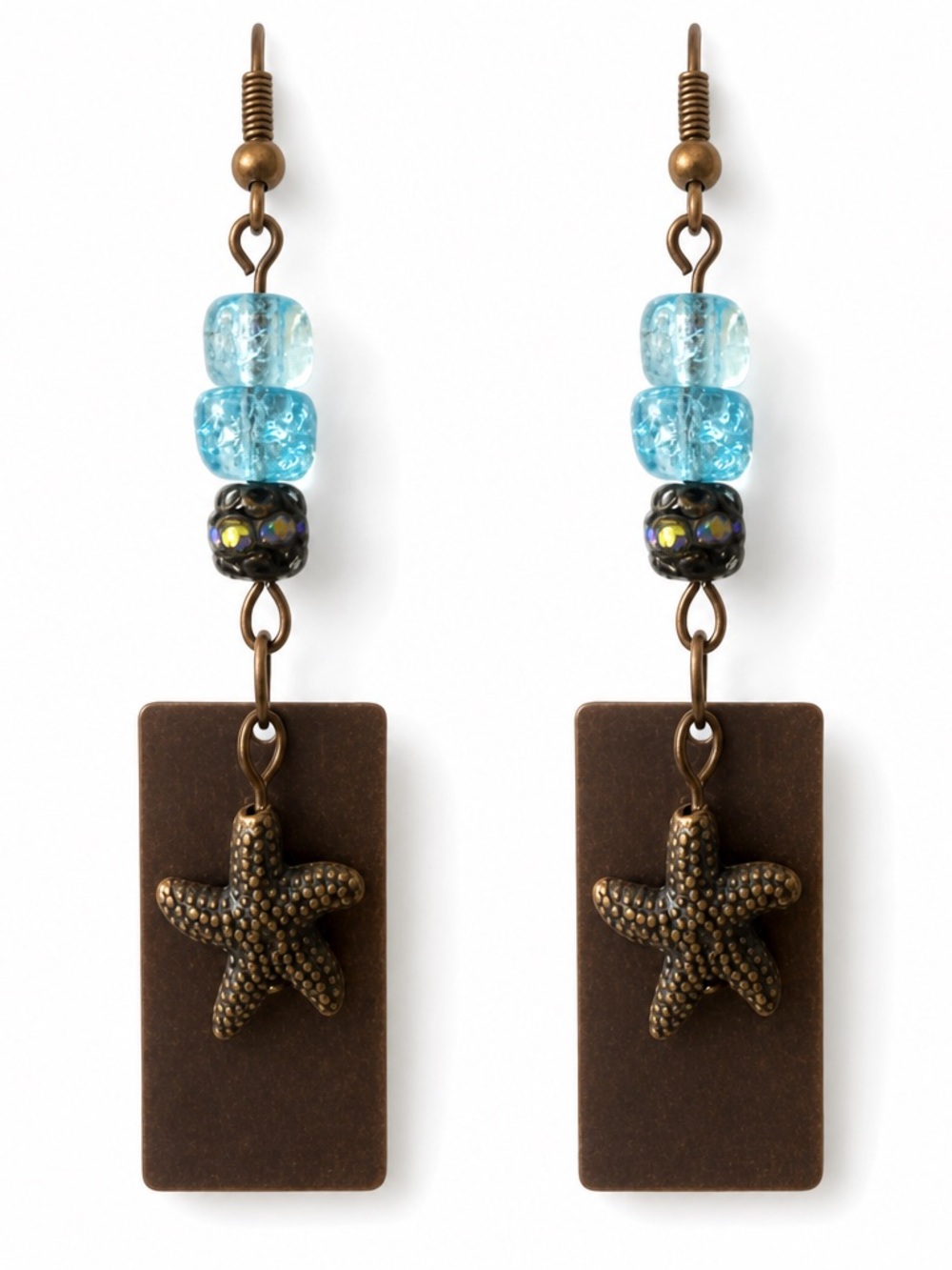 Aquamarine and Rhinestone Encrusted Beaded Starfish Drop Earrings